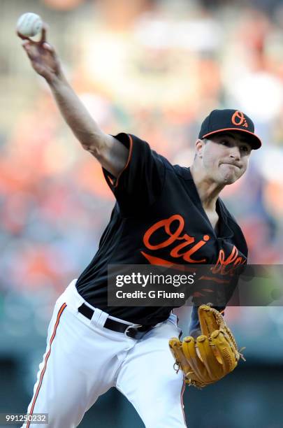 Kevin Gausman of the Baltimore Orioles pitches against the Miami Marlins at Oriole Park at Camden Yards on June 15, 2018 in Baltimore, Maryland.