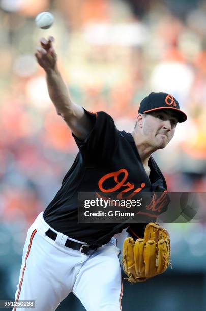 Kevin Gausman of the Baltimore Orioles pitches against the Miami Marlins at Oriole Park at Camden Yards on June 15, 2018 in Baltimore, Maryland.