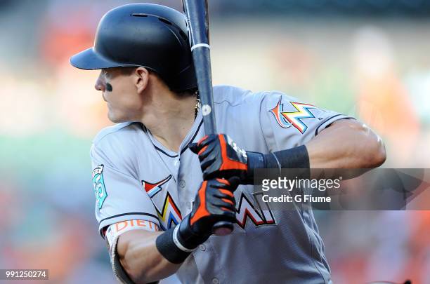 Derek Dietrich of the Miami Marlins bats against the Baltimore Orioles at Oriole Park at Camden Yards on June 15, 2018 in Baltimore, Maryland.