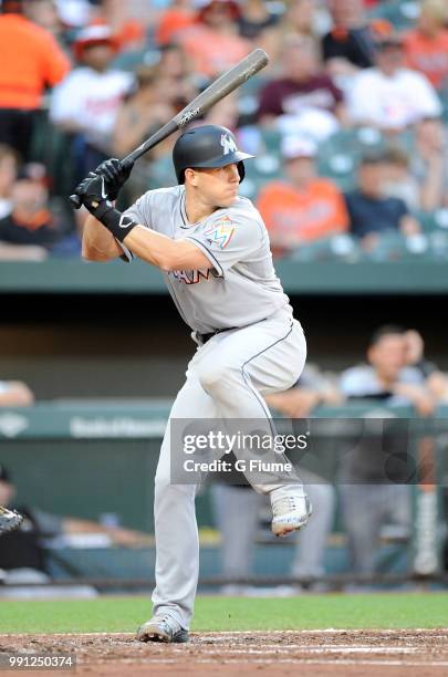 Realmuto of the Miami Marlins bats against the Baltimore Orioles at Oriole Park at Camden Yards on June 15, 2018 in Baltimore, Maryland.