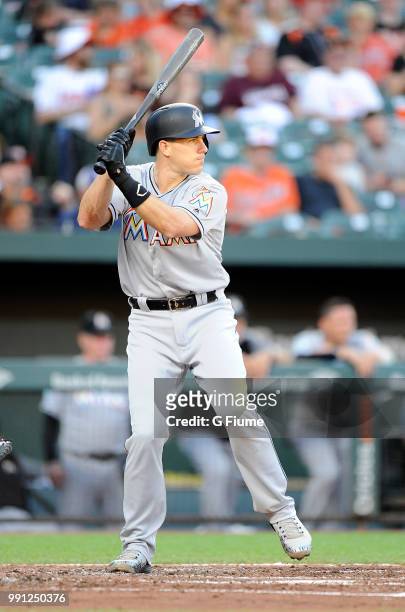 Realmuto of the Miami Marlins bats against the Baltimore Orioles at Oriole Park at Camden Yards on June 15, 2018 in Baltimore, Maryland.