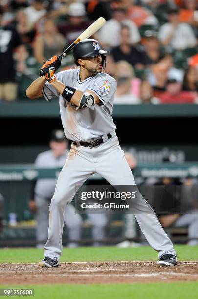 Yadiel Rivera of the Miami Marlins bats against the Baltimore Orioles at Oriole Park at Camden Yards on June 15, 2018 in Baltimore, Maryland.