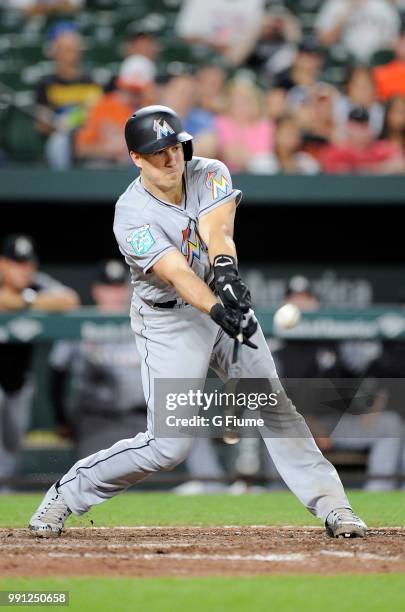 Realmuto of the Miami Marlins bats against the Baltimore Orioles at Oriole Park at Camden Yards on June 15, 2018 in Baltimore, Maryland.