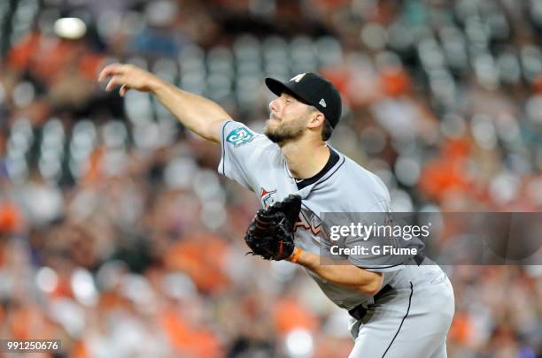 Kyle Barraclough of the Miami Marlins pitches in the ninth inning against the Baltimore Orioles at Oriole Park at Camden Yards on June 15, 2018 in...