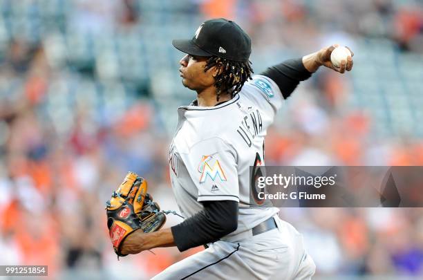 Jose Urena of the Miami Marlins pitches against the Baltimore Orioles at Oriole Park at Camden Yards on June 15, 2018 in Baltimore, Maryland.