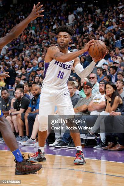 Frank Mason of the Sacramento Kings passes the ball during the game against the Golden State Warriors on July 3, 2018 at Golden 1 Center in...