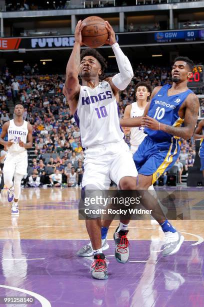 Frank Mason of the Sacramento Kings shoots the ball during the game against the Golden State Warriors on July 3, 2018 at Golden 1 Center in...