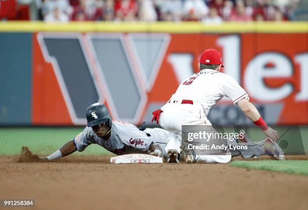 Tim Anderson of the Chicago White Sox steals second base in the 12th inning against the Cincinnati Reds at Great American Ball Park on July 3, 2018...