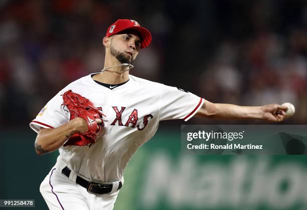 Alex Claudio of the Texas Rangers throws against the Houston Astros at Globe Life Park in Arlington on July 3, 2018 in Arlington, Texas.