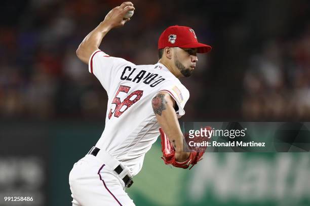 Alex Claudio of the Texas Rangers throws against the Houston Astros at Globe Life Park in Arlington on July 3, 2018 in Arlington, Texas.