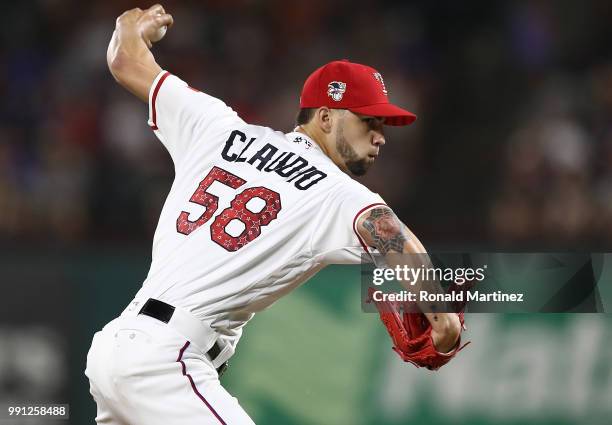 Alex Claudio of the Texas Rangers throws against the Houston Astros at Globe Life Park in Arlington on July 3, 2018 in Arlington, Texas.