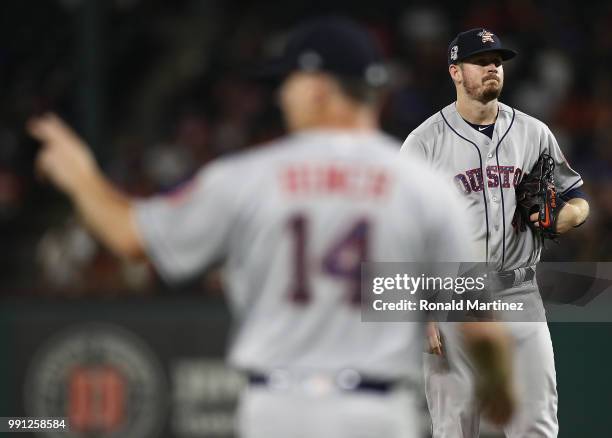 Chris Devenski of the Houston Astros leaves the game against the Texas Rangers at Globe Life Park in Arlington on July 3, 2018 in Arlington, Texas.