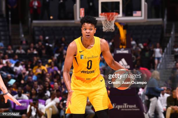 Alana Beard of the Los Angeles Sparks handles the ball against the Connecticut Sun on July 3, 2018 at STAPLES Center in Los Angeles, California. NOTE...