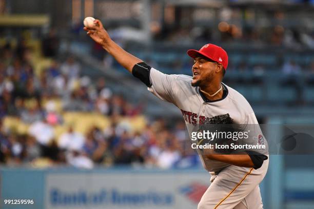 Pittsburgh Pirates pitcher Ivan Nova throws a pitch during a MLB game between the Pittsburgh Pirates and the Los Angeles Dodgers on July 3, 2018 at...