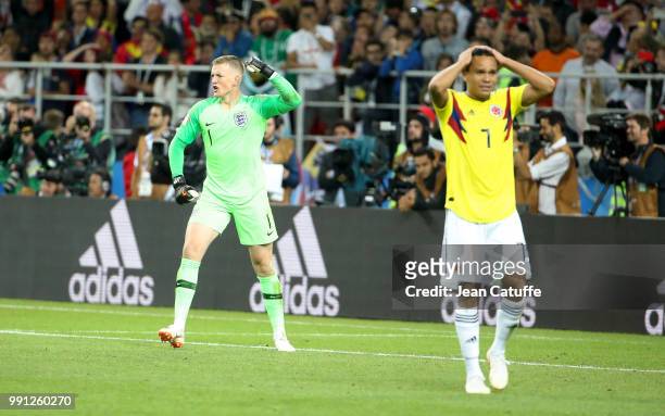 Goalkeeper of England Jordan Pickford celebrates stopping the penalty of Carlos Bacca of Colombia during the penalty shootout of the 2018 FIFA World...