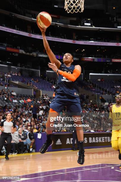 Alex Bentley of the Connecticut Sun goes to the basket against the Los Angeles Sparks on July 3, 2018 at STAPLES Center in Los Angeles, California....