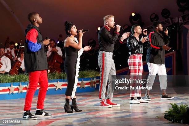 Three-time Grammy Award-winning and multi-platinum selling artist Pentatonix perform at the 2018 A Capitol Fourth rehearsals at U.S. Capitol, West...