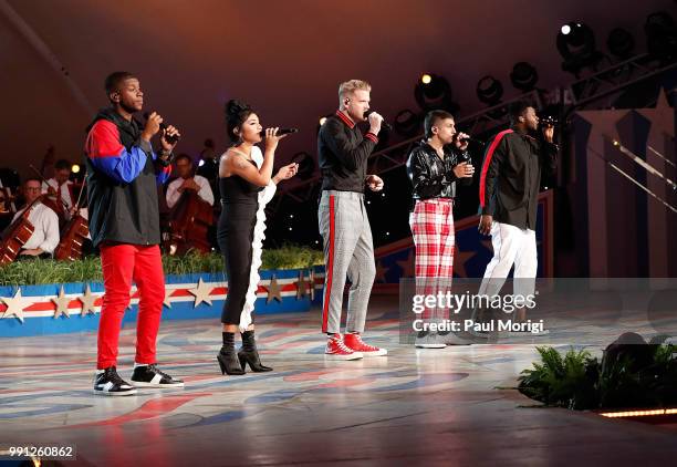 Three-time Grammy Award-winning and multi-platinum selling artist Pentatonix perform at the 2018 A Capitol Fourth rehearsals at U.S. Capitol, West...