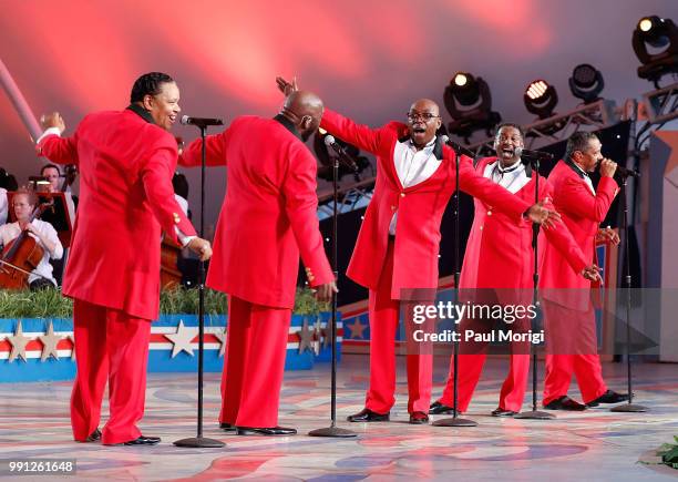 Legendary Motown stars The Temptations perform at the 2018 A Capitol Fourth rehearsals at U.S. Capitol, West Lawn on July 3, 2018 in Washington, DC.