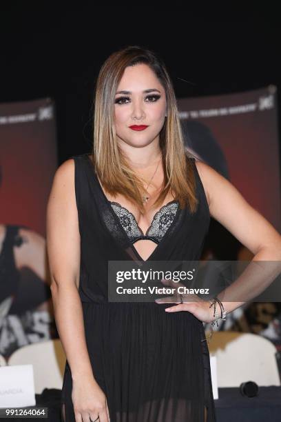 Sherlyn Gonzalez attends a press conferenc to promote the theater play "Las Arpias" at El Telon de Asfalto on July 3, 2018 in Mexico City, Mexico.