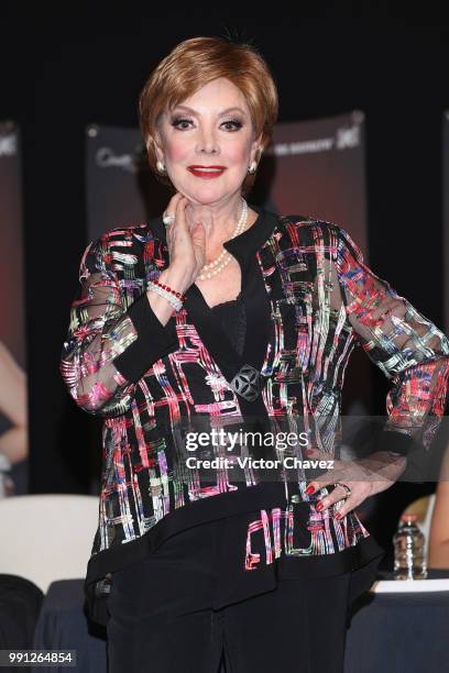 Jaqueline Andere attends a press conference to promote the theater play "Las Arpias" at El Telon de Asfalto on July 3, 2018 in Mexico City, Mexico.