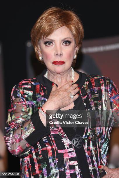 Jaqueline Andere attends a press conference to promote the theater play "Las Arpias" at El Telon de Asfalto on July 3, 2018 in Mexico City, Mexico.