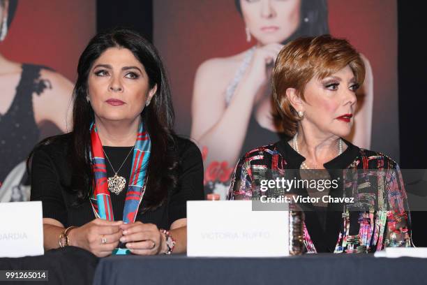 Victoria Ruffo and Jaqueline Andere attend a press conference to promote the theater play "Las Arpias" at El Telon de Asfalto on July 3, 2018 in...