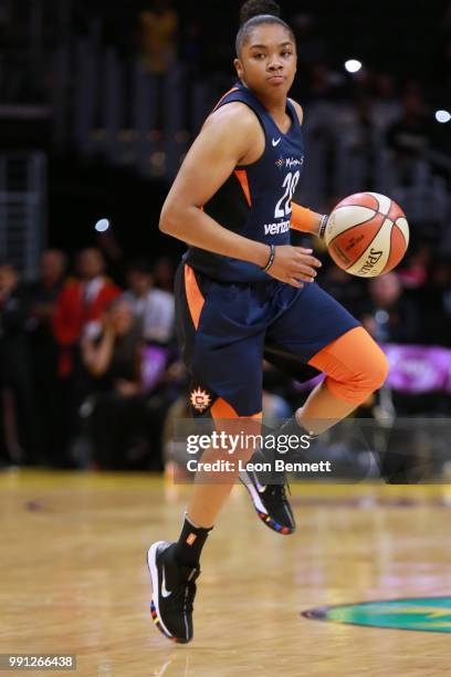 Alex Bentley of the Connecticut Sun handles the ball against the Los Angeles Sparks during a WNBA basketball game at Staples Center on July 3, 2018...