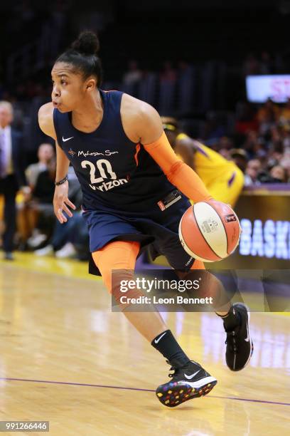 Alex Bentley of the Connecticut Sun handles the ball against the Los Angeles Sparks during a WNBA basketball game at Staples Center on July 3, 2018...