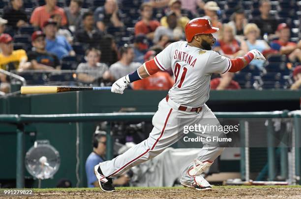 Carlos Santana of the Philadelphia Phillies bats against the Washington Nationals at Nationals Park on June 24, 2018 in Washington, DC.