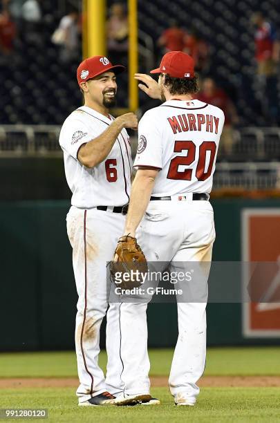 Anthony Rendon of the Washington Nationals celebrates with Daniel Murphy after a victory against the Philadelphia Phillies at Nationals Park on June...