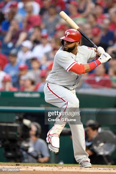 Carlos Santana of the Philadelphia Phillies bats against the Washington Nationals at Nationals Park on June 24, 2018 in Washington, DC.