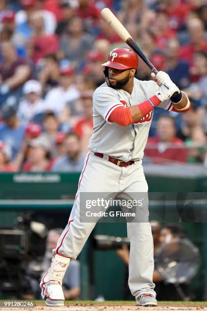 Carlos Santana of the Philadelphia Phillies bats against the Washington Nationals at Nationals Park on June 24, 2018 in Washington, DC.