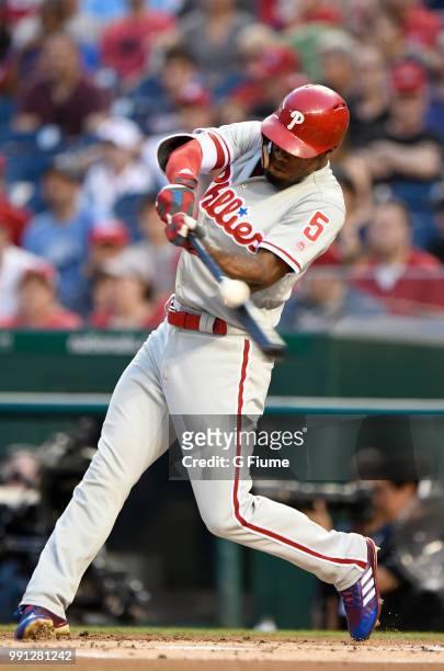 Nick Williams of the Philadelphia Phillies bats against the Washington Nationals at Nationals Park on June 24, 2018 in Washington, DC.