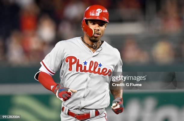 Nick Williams of the Philadelphia Phillies rounds the bases after hitting a home run against the Washington Nationals at Nationals Park on June 24,...