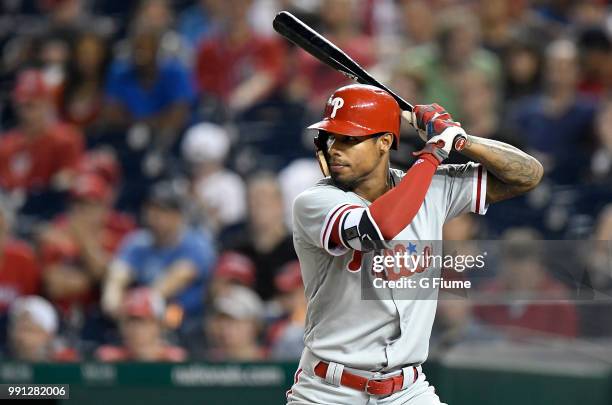 Nick Williams of the Philadelphia Phillies bats against the Washington Nationals at Nationals Park on June 24, 2018 in Washington, DC.