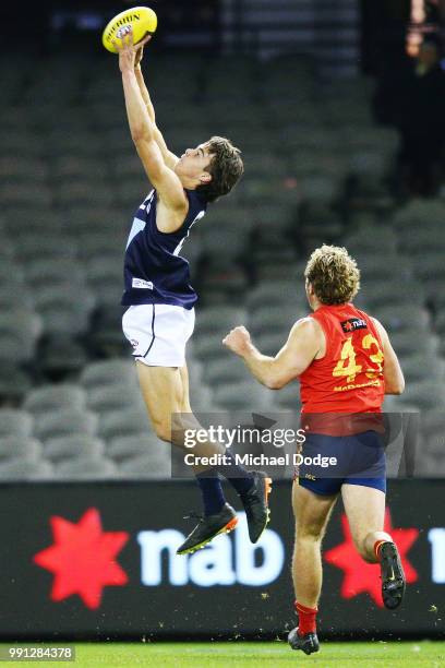 Ben Silvagni of Vic Metro marks the ball during the U18 AFL Championship match between Vic Metro and South Australia at Etihad Stadium on July 4,...