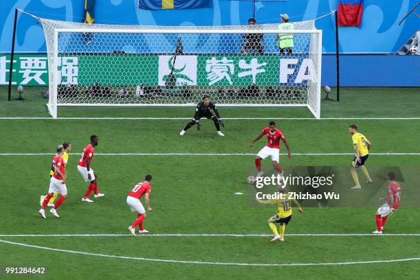 Emil Forsberg shots and gets his scoring during the 2018 FIFA World Cup Russia Round of 16 match between 1st Group F and 2nd Group E at Saint...