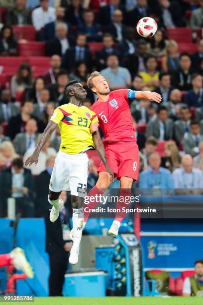 Defender Davinson Sanchez of Colombia and forward Harry Kane of England during the Round of 16 2018 FIFA World Cup soccer match between Colombia and...