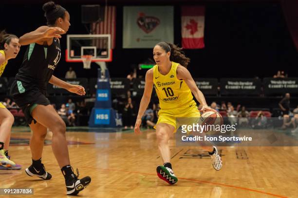 Seattle Storm guard Sue Bird drives to the basket during the first half of the WNBA basketball game between the Seattle Storm and New York Liberty on...