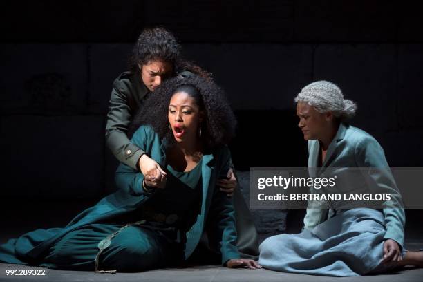 South African soprano Kelebogile Pearl Besong playing Dido performs in Henry Purcell's opera "Dido and Aeneas " directed by Vincent Huguet and...