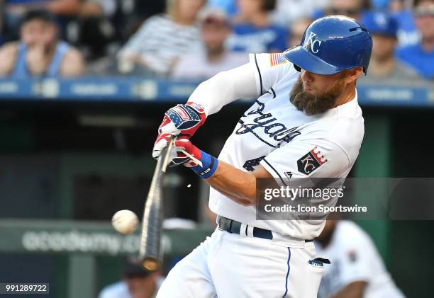 Kansas City Royals left fielder Alex Gordon at bat during a Major League Baseball game between the Cleveland Indians and the Kansas City Royals on...