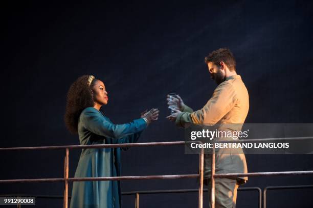 South African soprano Kelebogile Pearl Besong playing Dido and US singer Tobias Greenhalgh playing Æneas perform in Henry Purcell's opera "Dido and...