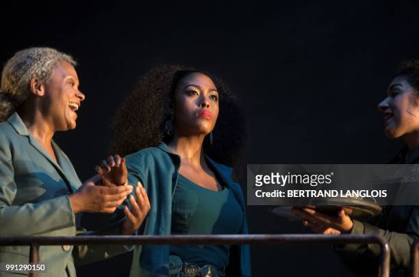 South African soprano Kelebogile Pearl Besong playing Dido performs in Henry Purcell's opera "Dido and Aeneas " directed by Vincent Huguet and...