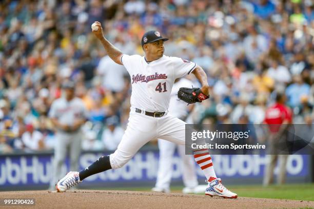 Milwaukee Brewers Starting pitcher Junior Guerra during the second game of a three game home series between the Milwaukee Brewers and the Minnesota...