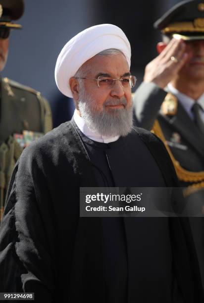 Iranian President Hassan Rouhani arrives at Hofburg Palace to meet Austrian President Alexander van der Bellen on July 4, 2018 in Vienna, Austria....