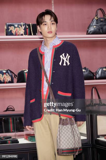 Kai of boy band EXO-K attends during a promotional event for the Gucci at Gucci Gangnam Store in Hyundai Department Store on July 3, 2018 in Seoul,...