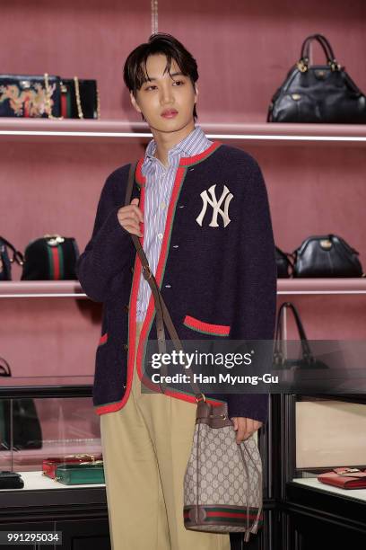 Kai of boy band EXO-K attends during a promotional event for the Gucci at Gucci Gangnam Store in Hyundai Department Store on July 3, 2018 in Seoul,...