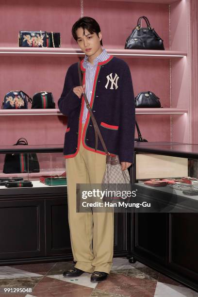 Kai of boy band EXO-K attends during a promotional event for the Gucci at Gucci Gangnam Store in Hyundai Department Store on July 3, 2018 in Seoul,...