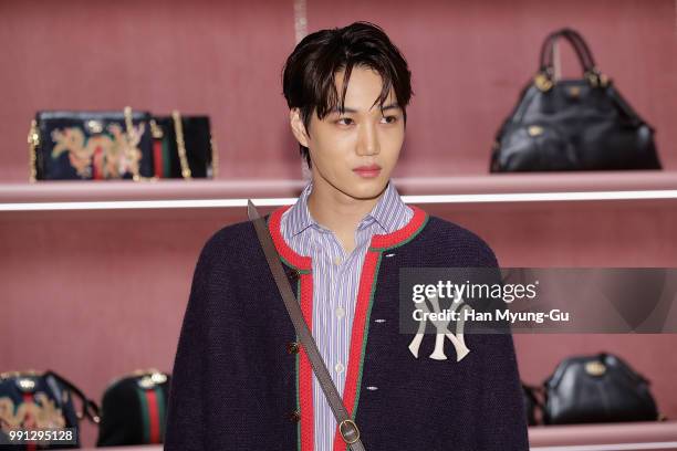 Kai of boy band EXO-K attends during a promotional event for the Gucci at Gucci Gangnam Store in Hyundai Department Store on July 3, 2018 in Seoul,...